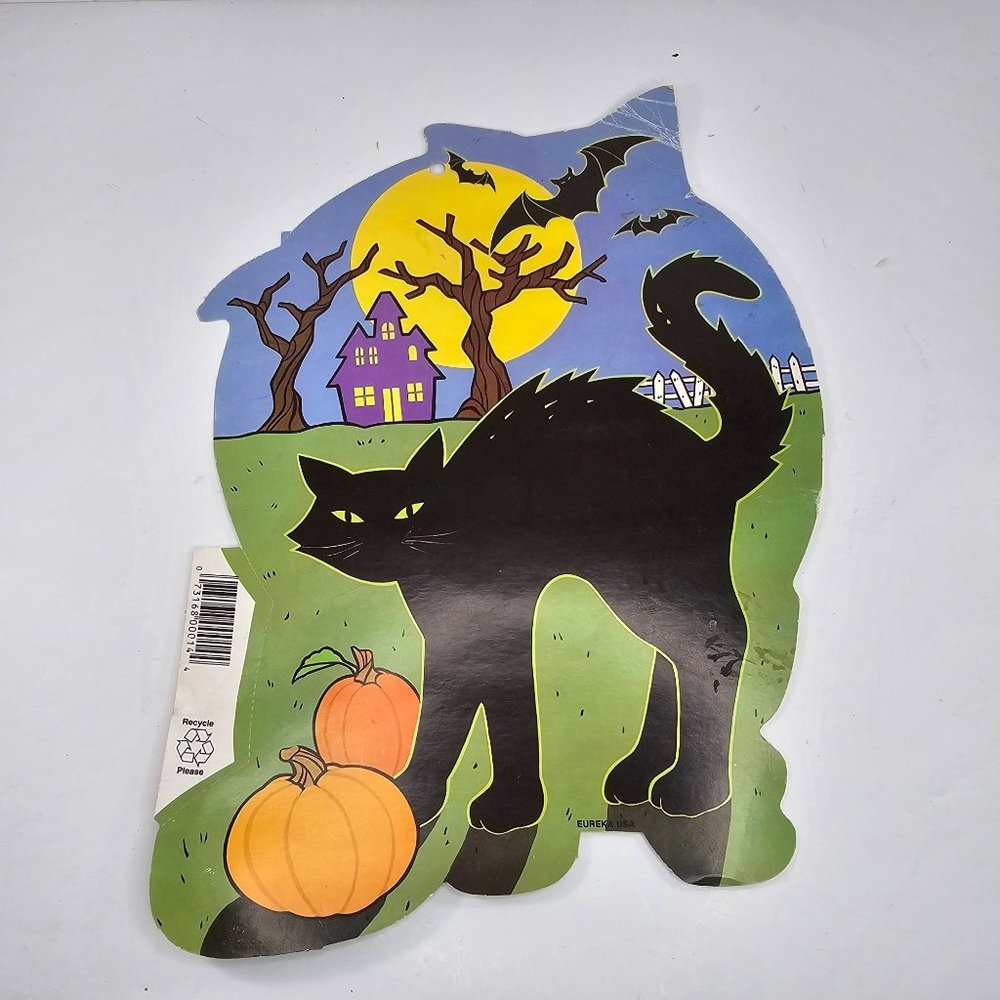 Vintage Eureka USA Halloween Die Cut Black Cat Bat Haunted House Wall Hanging
